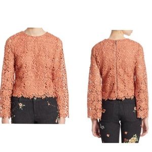 Alice & Olivia  Peach Floral Lace Crochet Bell Sleeves Zipper Back Blous…